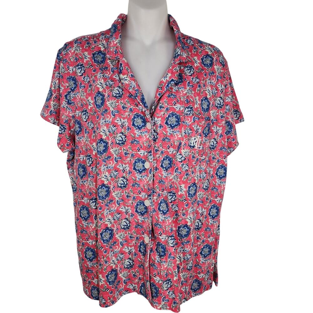 Lauren Ralph Lauren Womens Pajama Top Large Floral Logo Embroidered Button Front